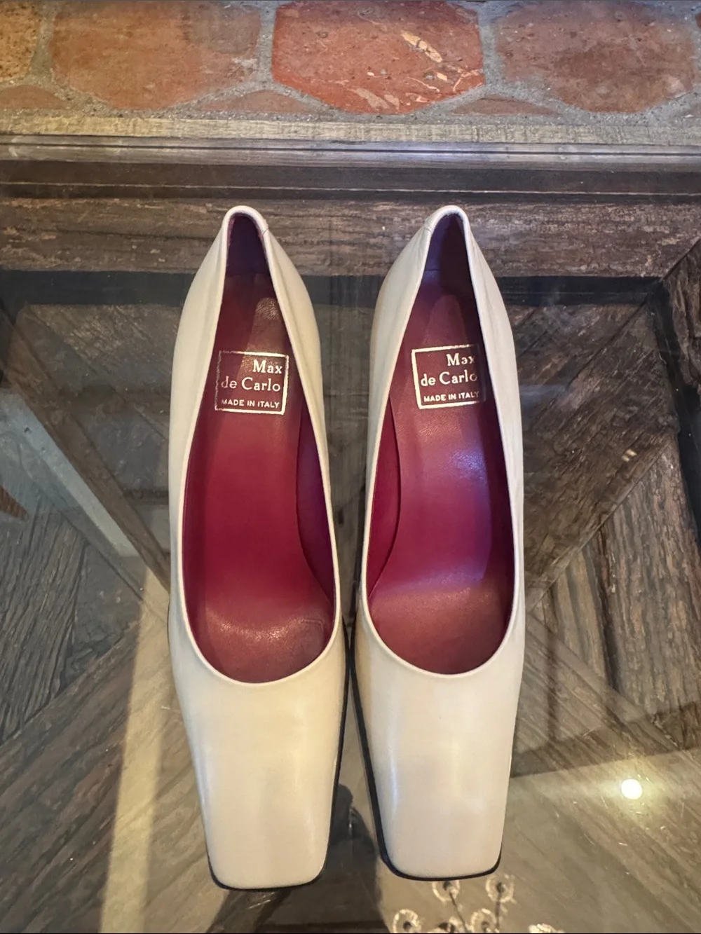 Max de Carlo Cream Leather Square-Toe Pumps with Burgundy Insole